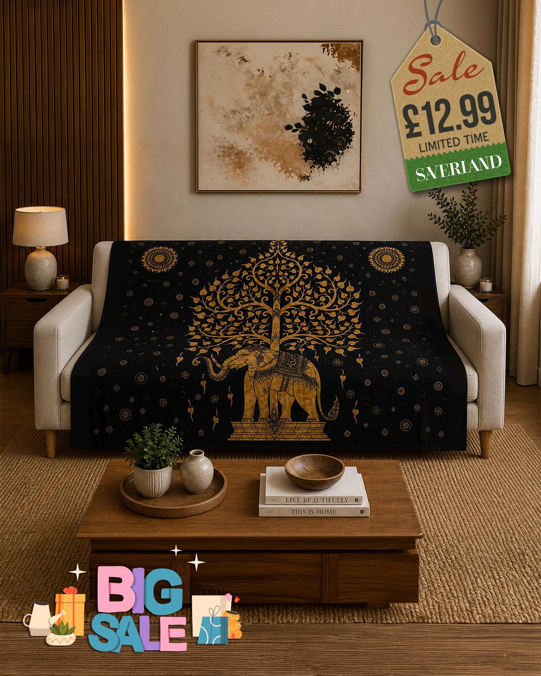 Buddha Tree Black & Gold Bed Throw