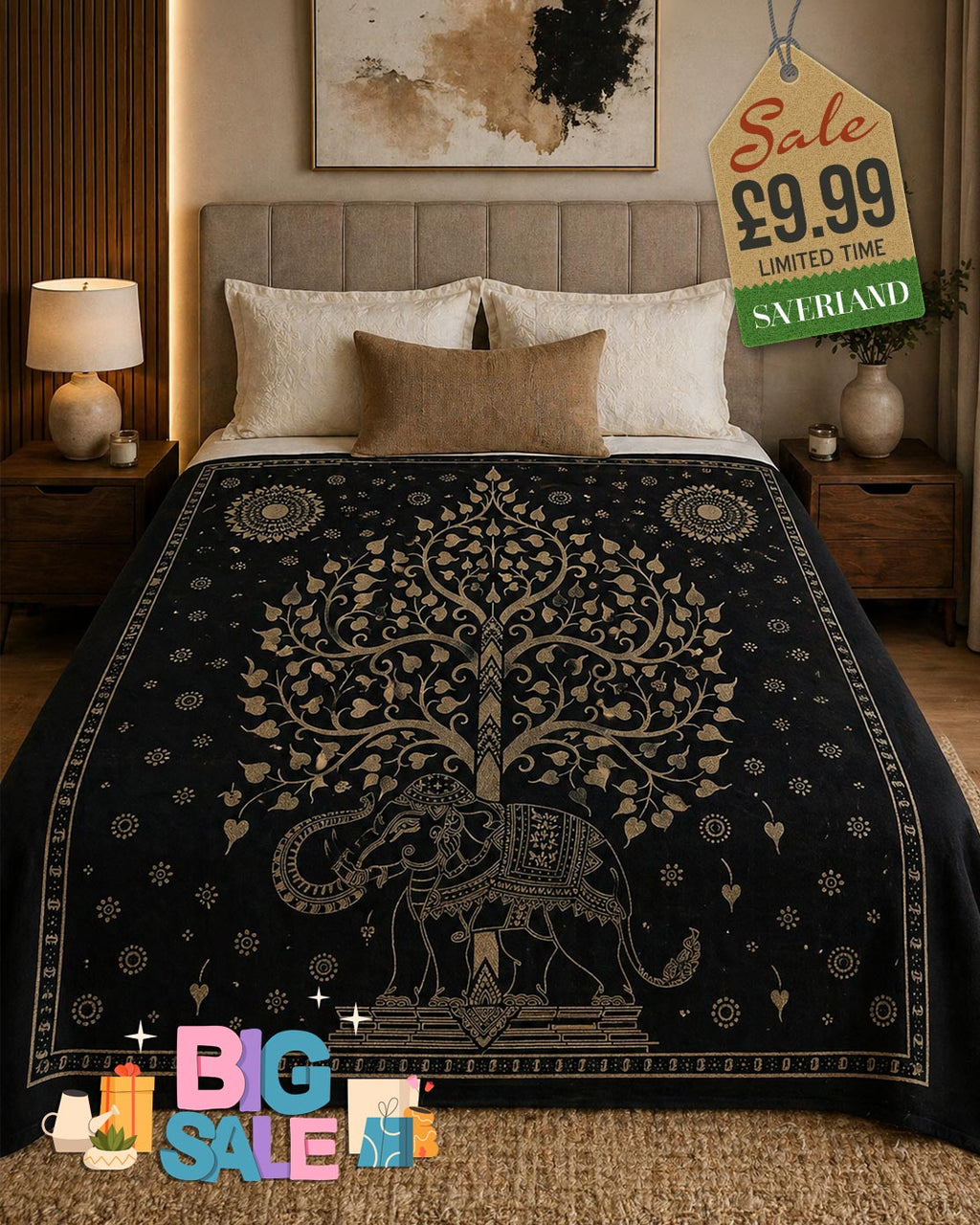 Buddha Tree Black & Light Gold Bed Throw