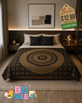 Gold and black mandala elephant throw draped over a double bed, featuring intricate circular mandala and elephant border patterns
