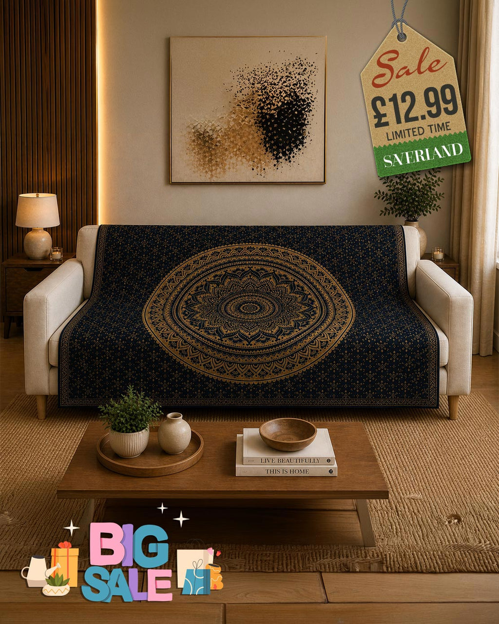 Gold & Black Mandala Pattern Bed Throw