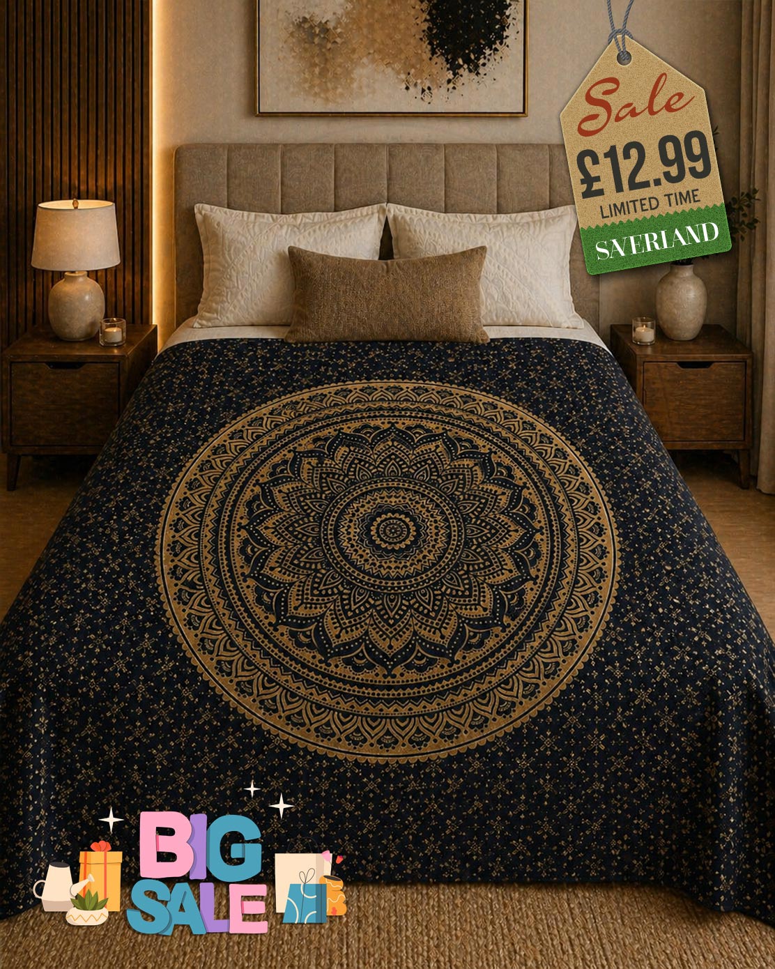 Gold and black mandala pattern bed throw draped over a double bed in a warm bedroom setting