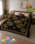 Gold & Black Mandala with 4 Elephants Bed Throw