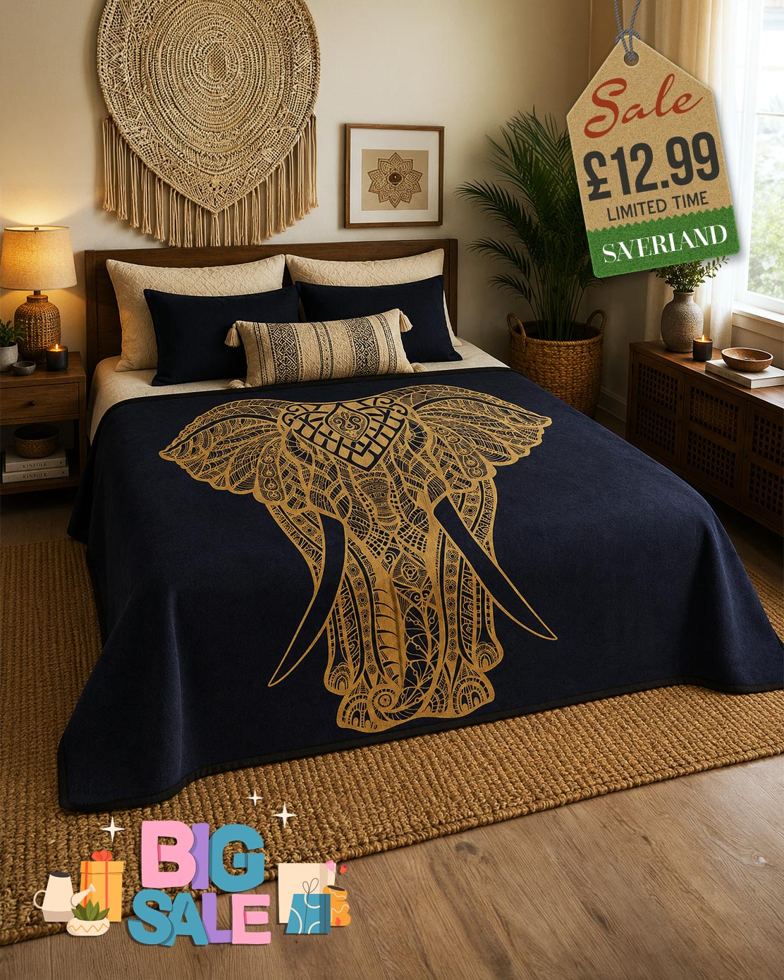 Navy blue bed throw with large gold ornate elephant mandala design draped over a double bed in a boho-style bedroom