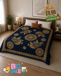 Gold & Navy Blue Mandala with 4 Elephants Bed Throw