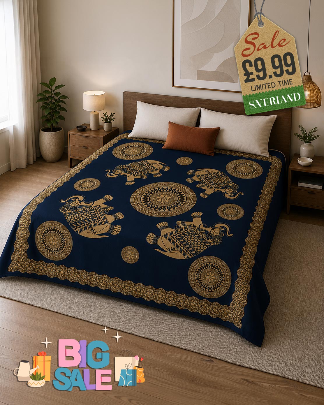 Gold & Navy Blue Mandala with 4 Elephants Bed Throw