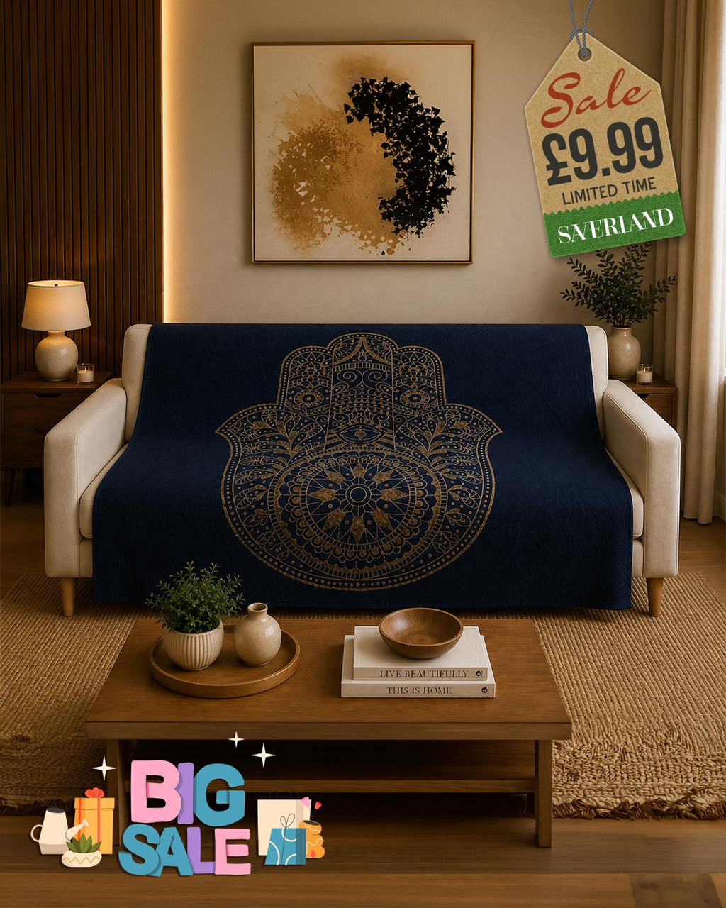Gold & Navy Blue Ornate Hamsa Throw