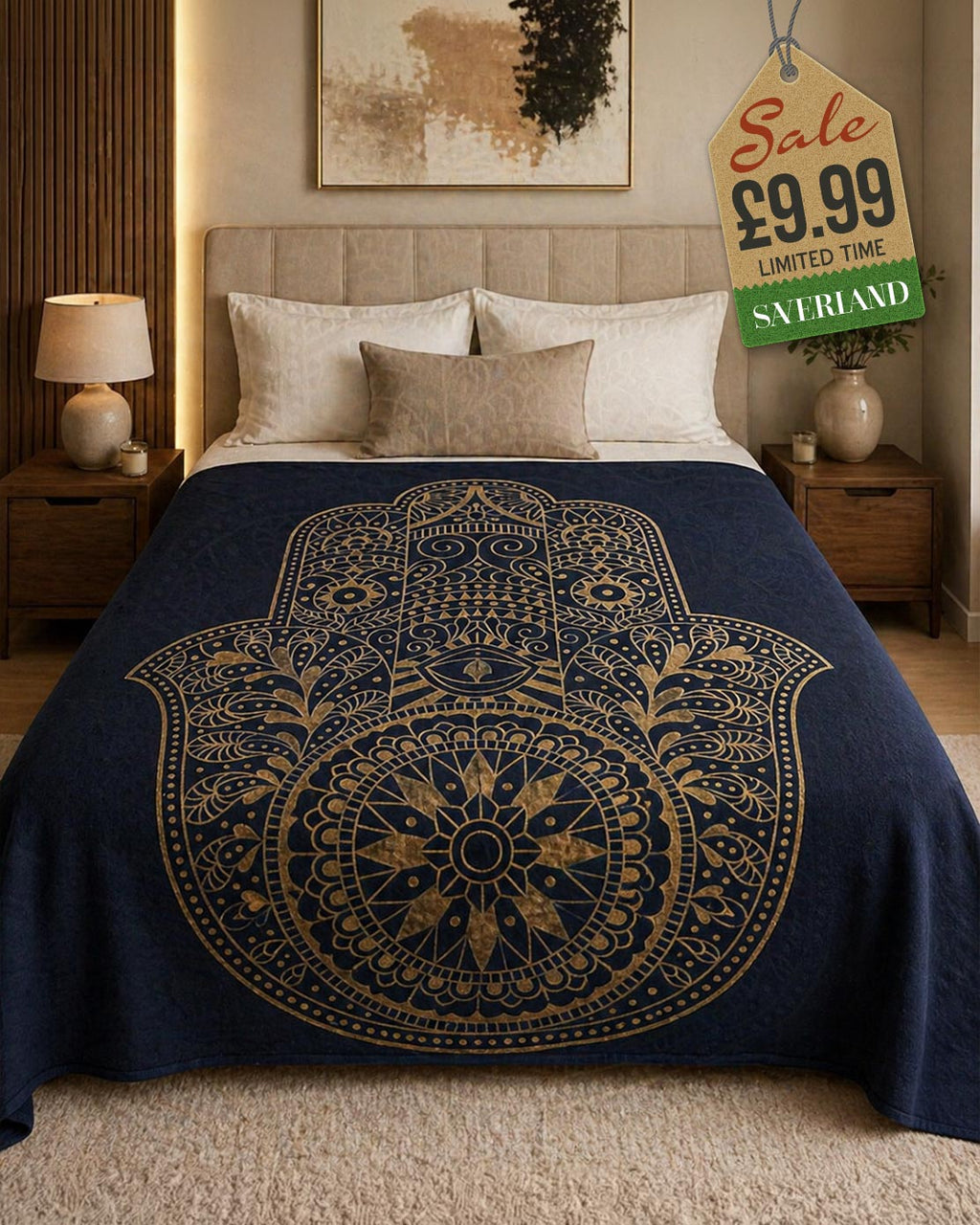 Navy blue throw blanket with gold ornate Hamsa hand and mandala design draped over a double bed
