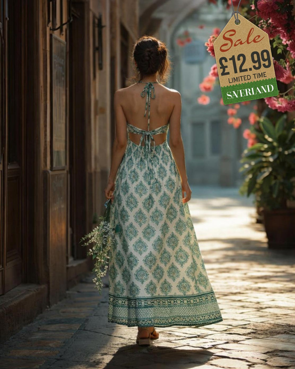Green and gold medallion boho maxi dress styled on sunlit street