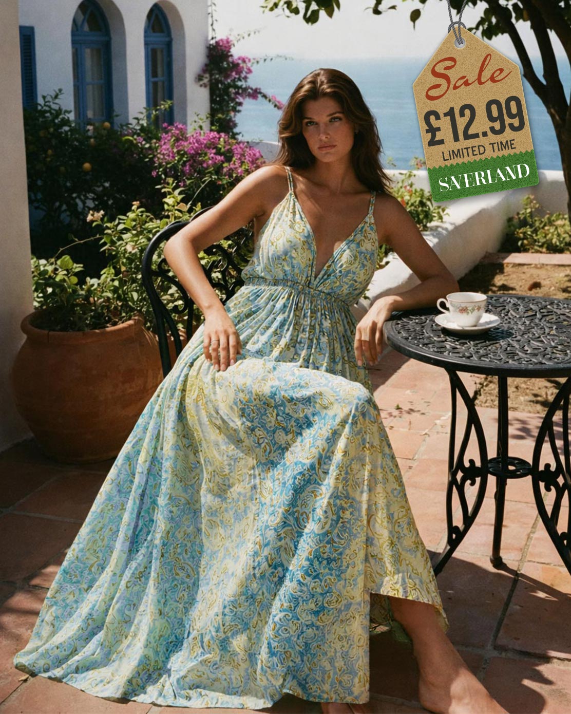 Teal block-print halter maxi dress at Mediterranean cafe