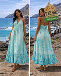 Teal halter boho midi dress from behind in stone alleyway