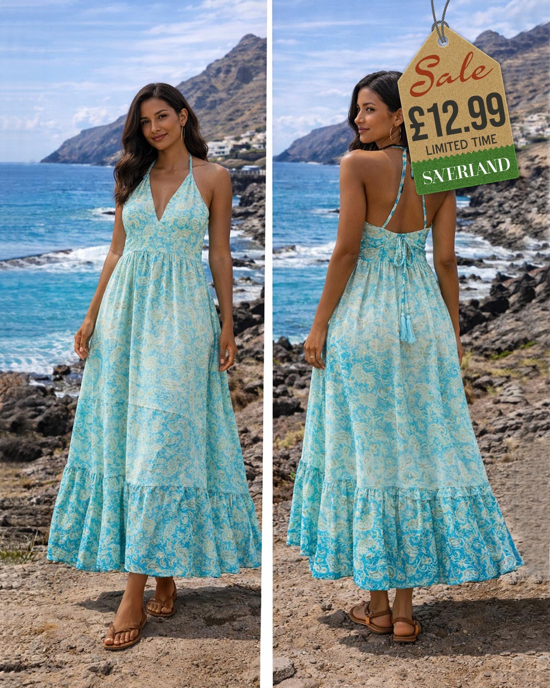Teal halter boho midi dress from behind in stone alleyway