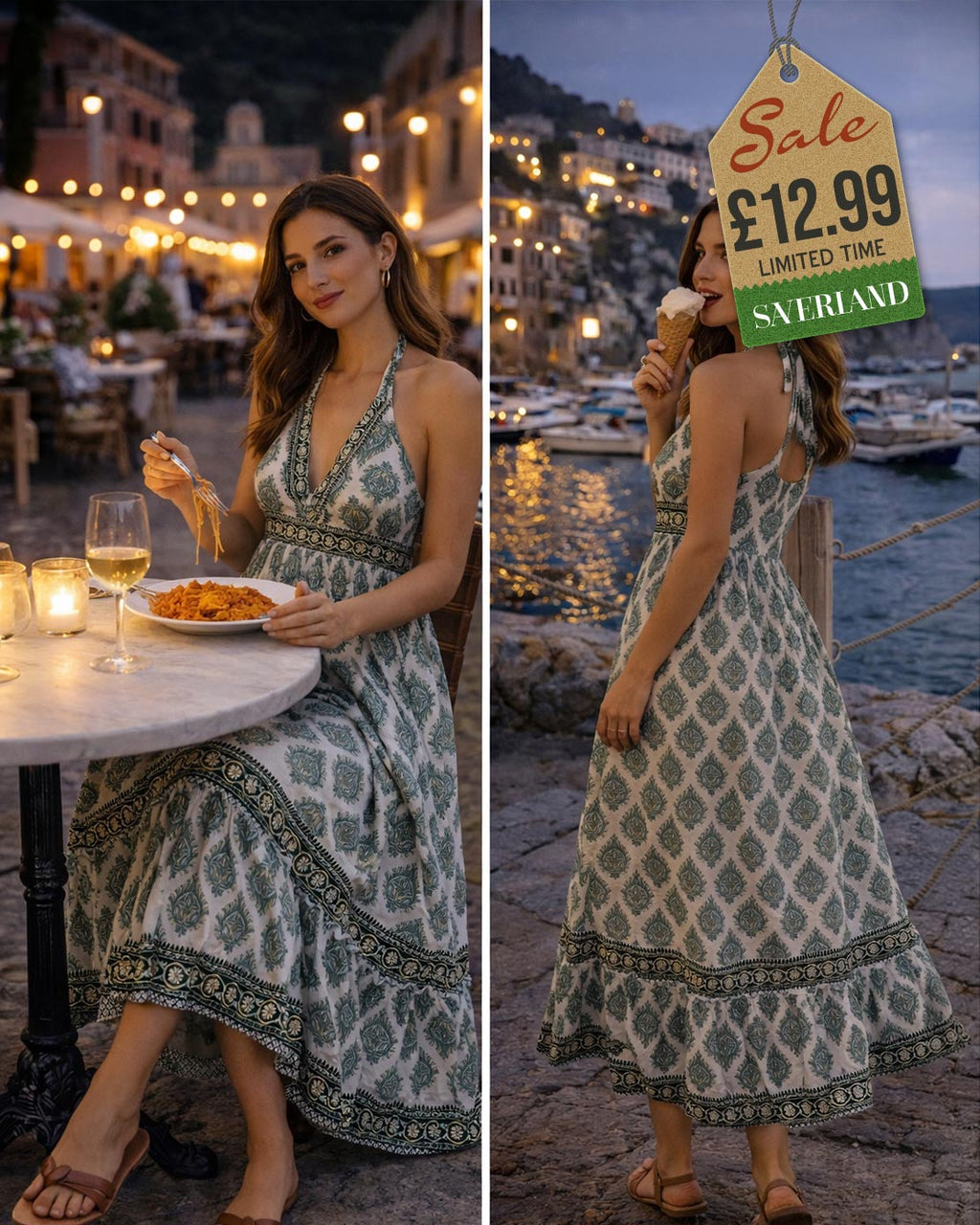 Yellow and blue paisley V-neck maxi dress on Mediterranean terrace