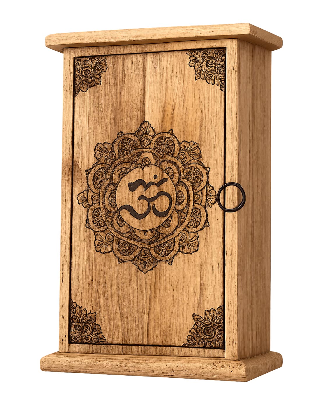 Hand-Carved Wooden Om Mandala Box with Engraved Detail
