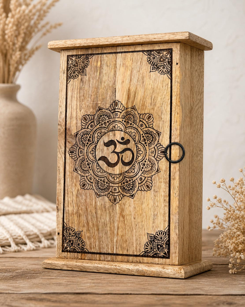 Hand-Carved Wooden Om Mandala Box with Engraved Detail