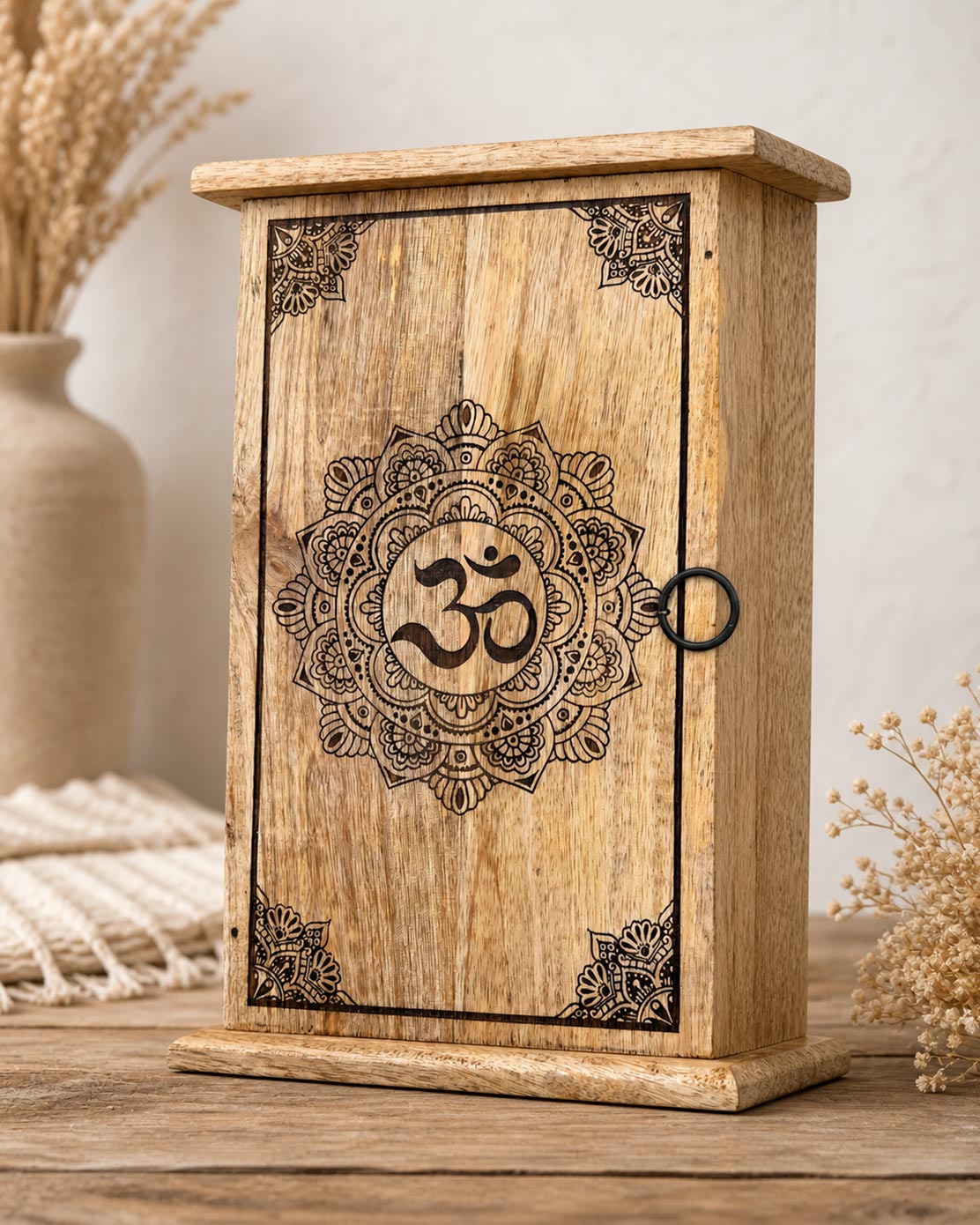 Hand-Carved Wooden Om Mandala Box with Engraved Detail