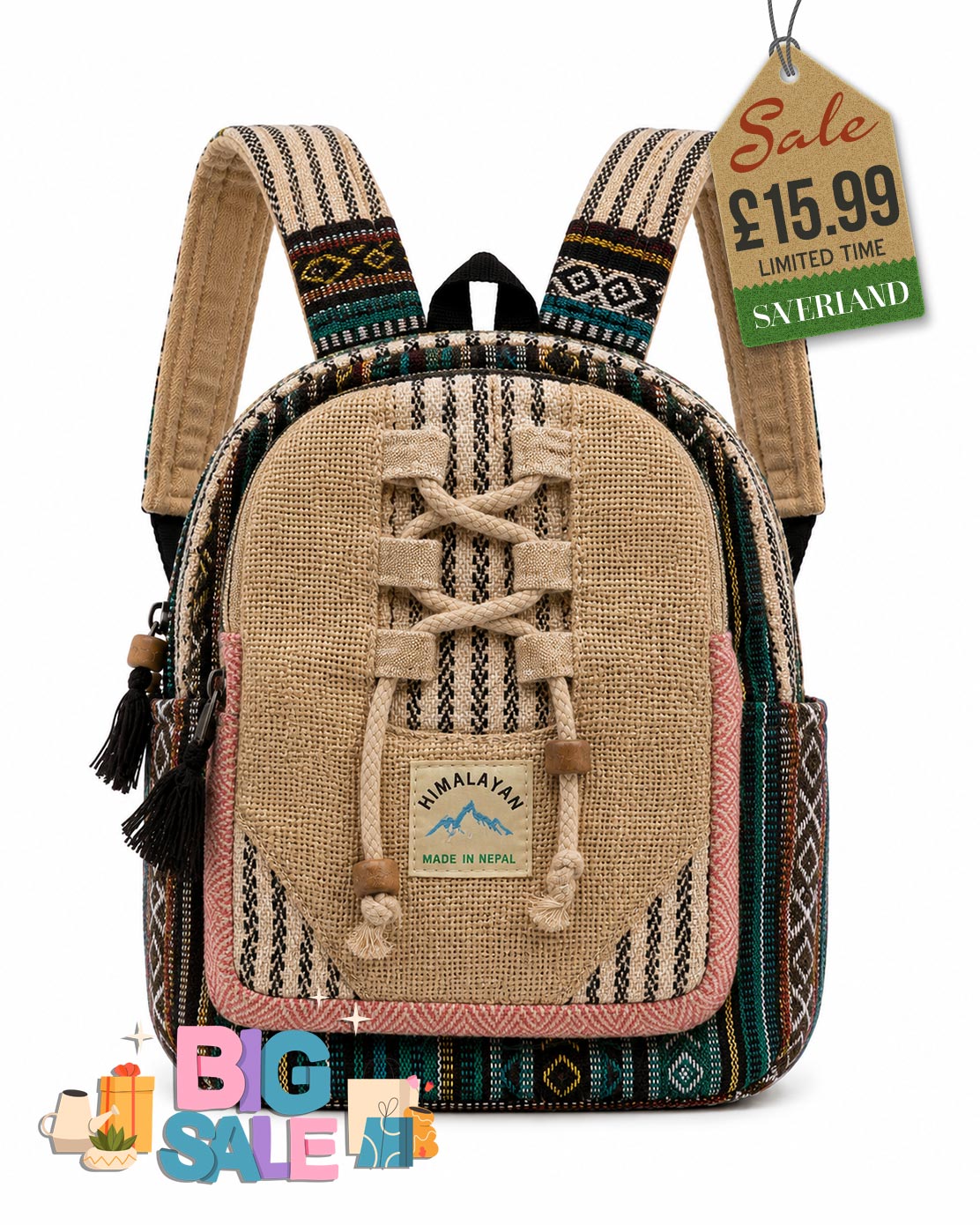 Handmade Himalayan Woven Mini Backpack - Beige