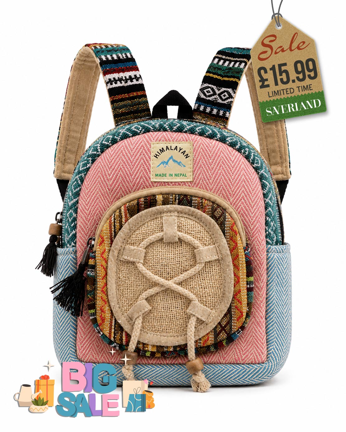 Handmade Himalayan Woven Mini Backpack - Pink