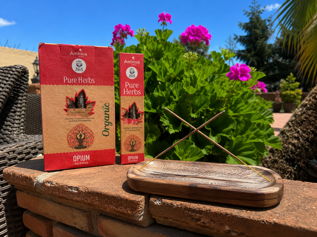 Carved wooden leaf incense holder with Ambica Pure Herbs Organic Opium incense sticks in kraft box