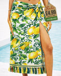 Amalfi lemon and green scrollwork beach sarong wrap with tassel fringe tied at the hip