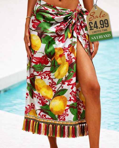 Amalfi lemon and red scrollwork beach sarong wrap with tassel fringe tied at the hip