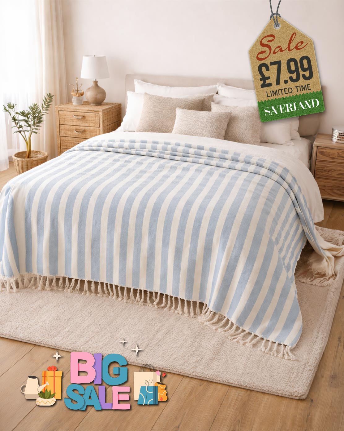 Blue and white striped throw blanket with tassel fringe draped over a bed in a bright bedroom