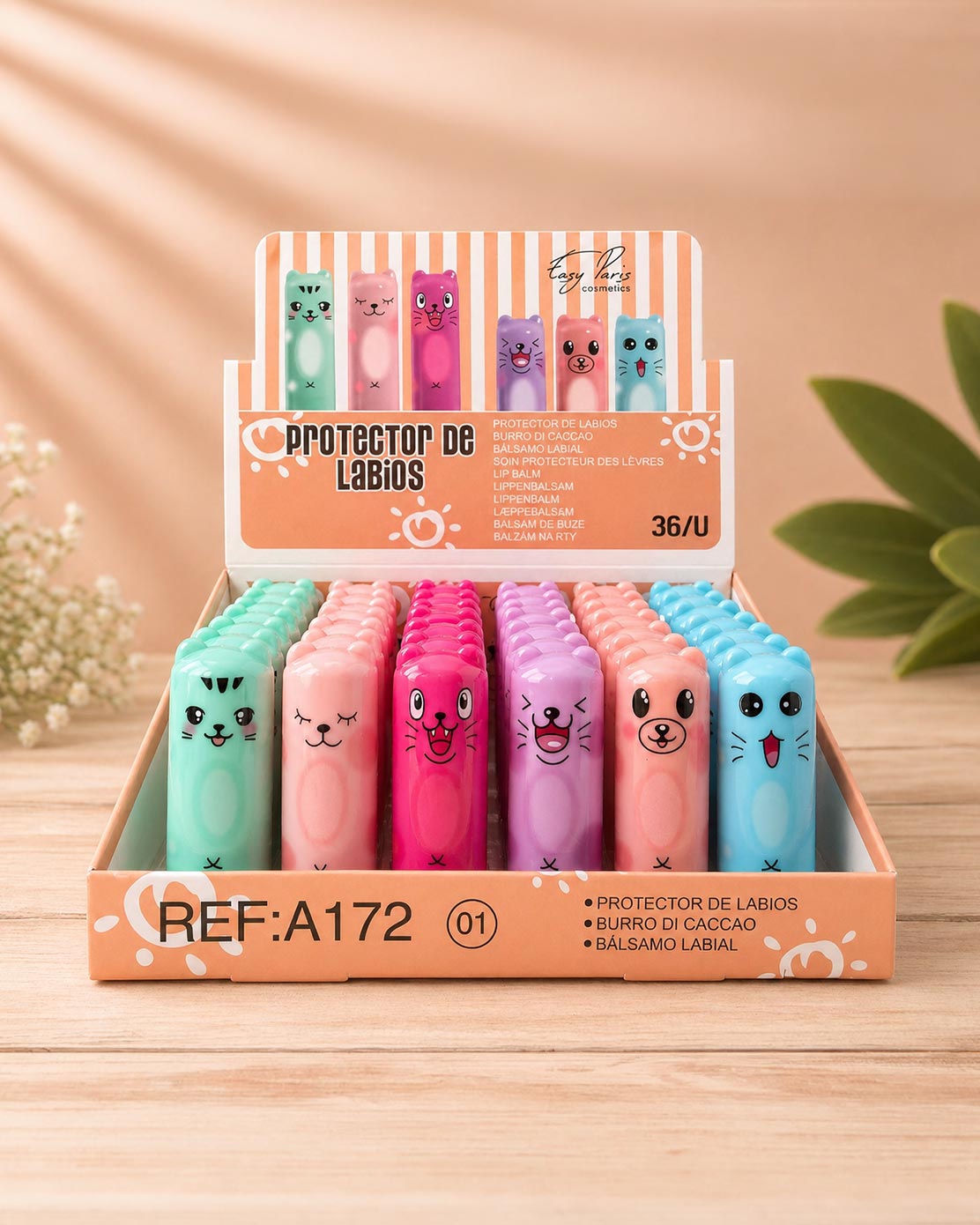 Easy Paris Cosmetics cute animal lip balms in six pastel colours displayed in retail tray