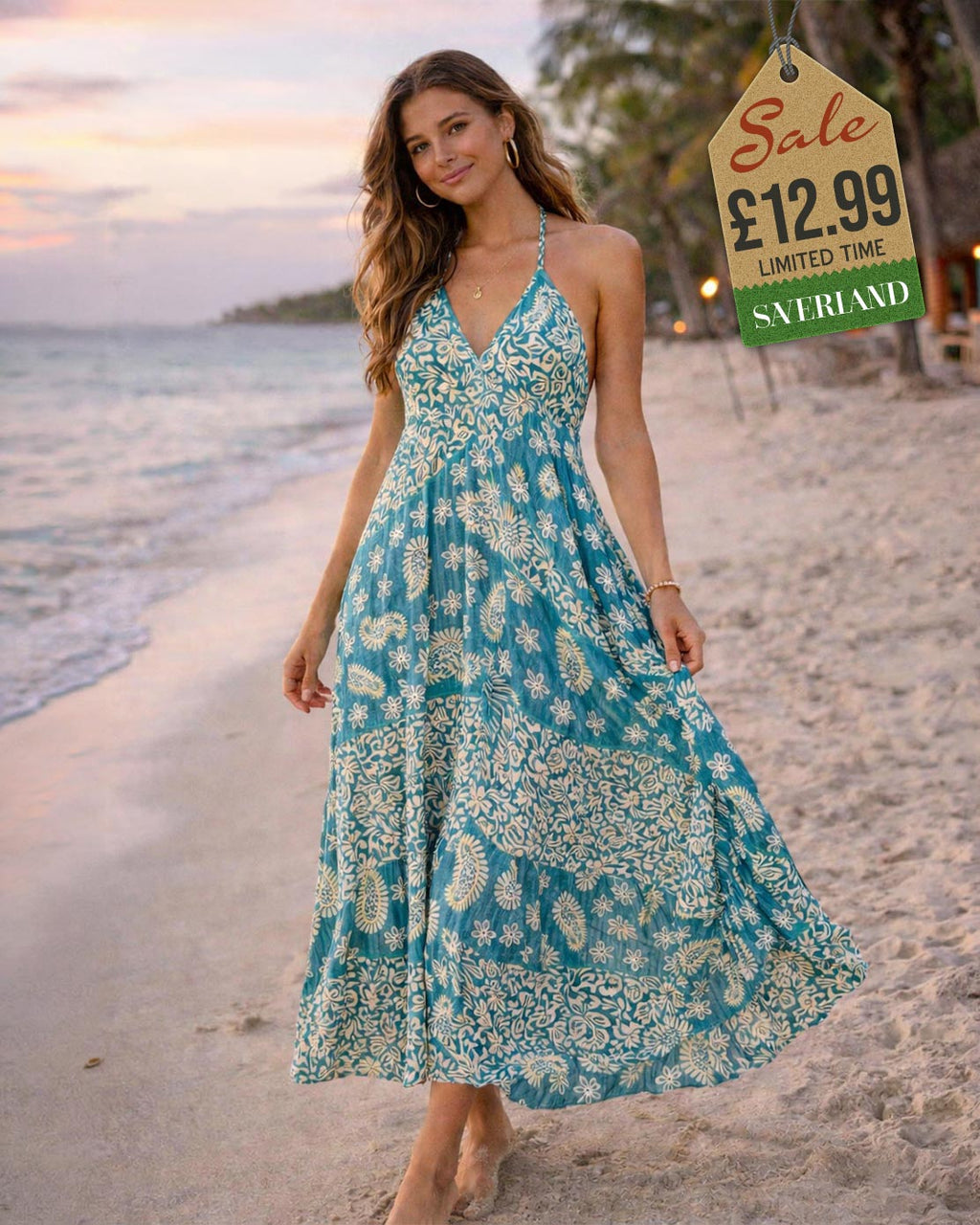 Turquoise paisley halter tiered maxi dress at sunset beach
