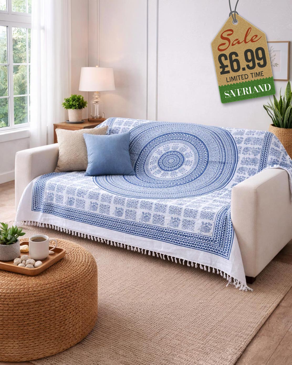 Mandala Lucky Elephant Throws - White & Blue