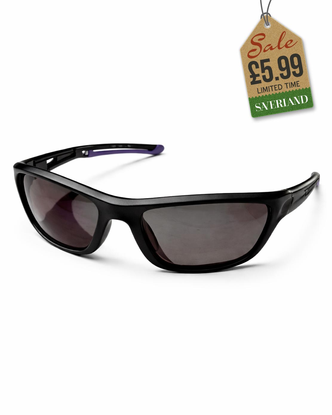 Wraparound sport sunglasses in matte black frame with purple accent temples and dark smoke lenses