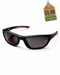 Wraparound sport sunglasses in matte black frame with red accent temples and dark smoke lenses