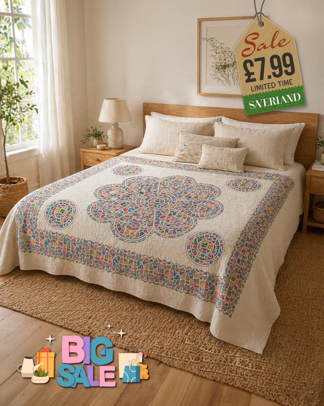 Cream quilted bedspread with multicolour floral medallion pattern on a double bed