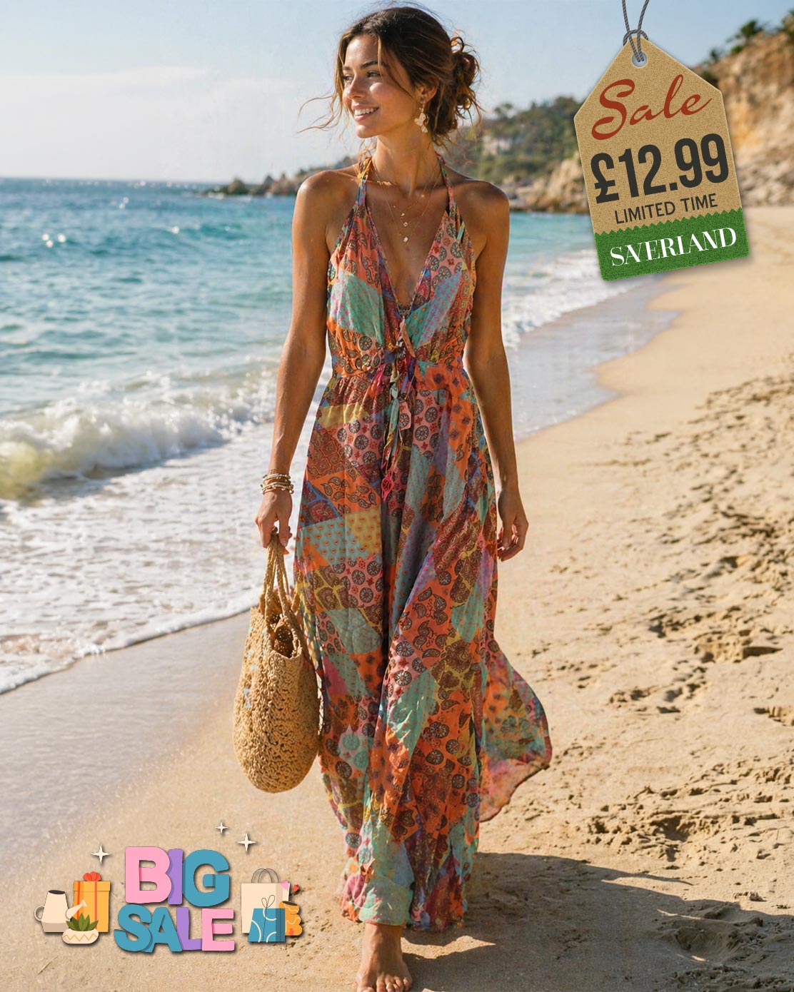 Woman wearing a colourful boho patchwork halter neck maxi dress walking on a sunny beach
