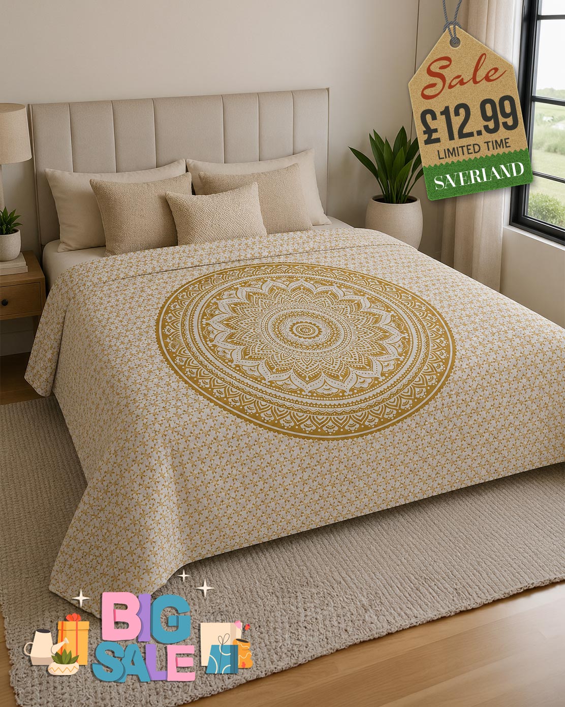 Old gold and white mandala bed throw draped over a double bed in a bright bedroom