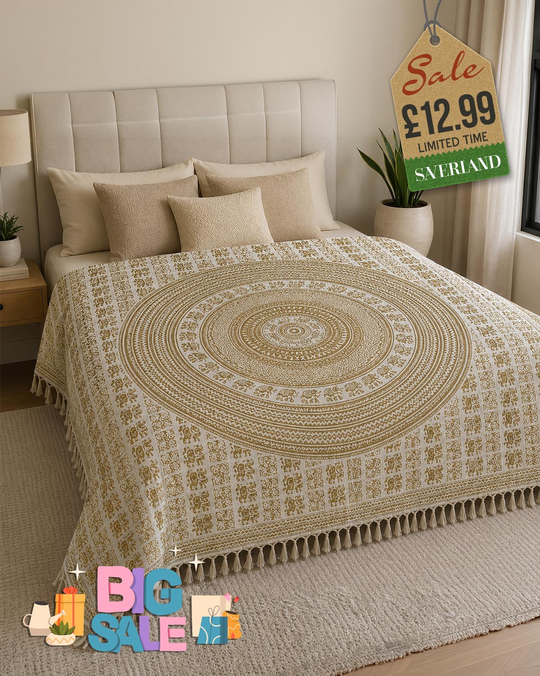 Old Gold & White Mandala Elephant Bed Throw
