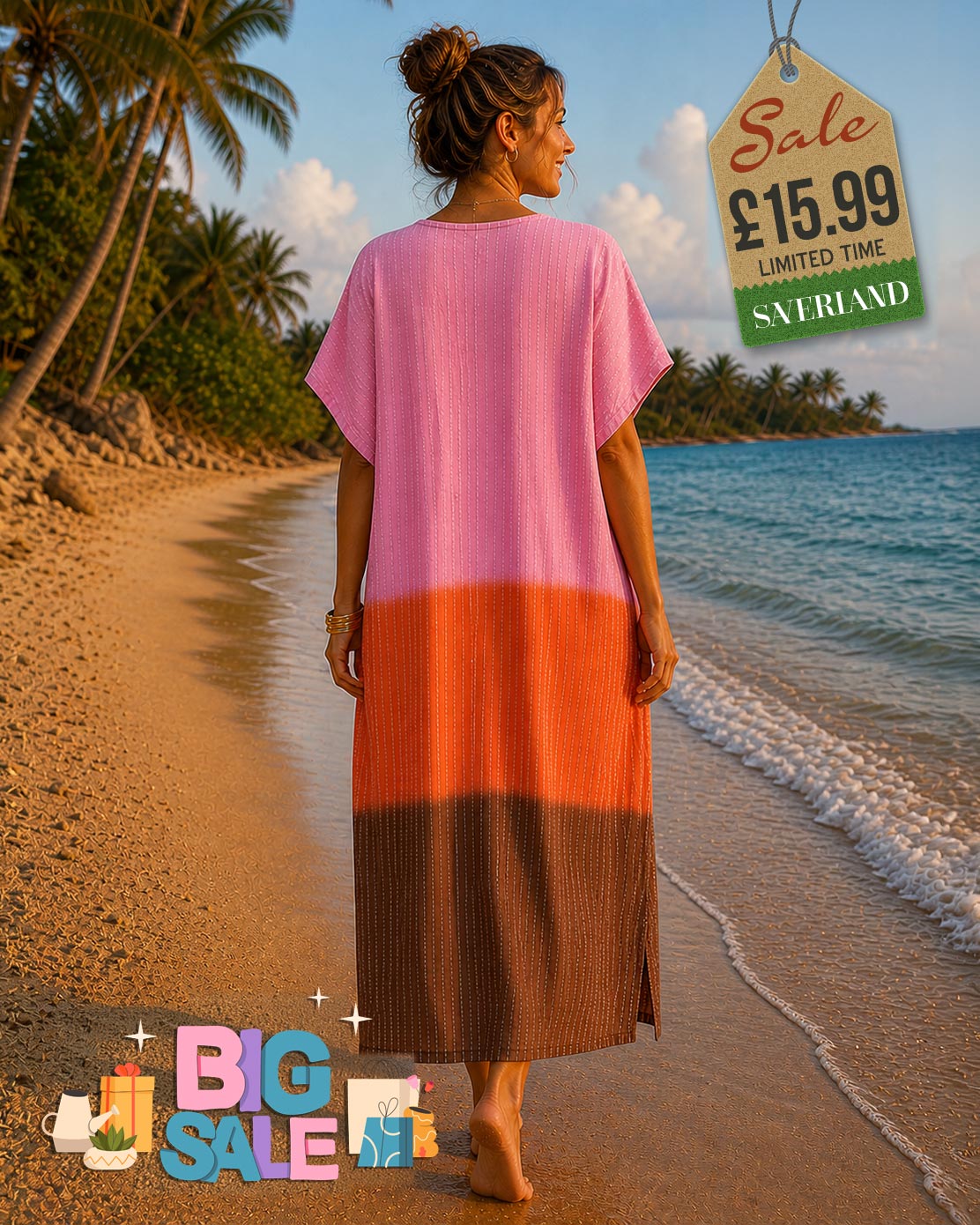Woman walking on a sandy beach wearing a colour block maxi dress in pink, burnt orange, and brown with short sleeves