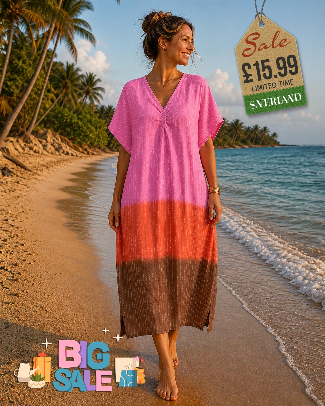 Woman wearing a pink orange brown ombre maxi dress walking on a tropical beach