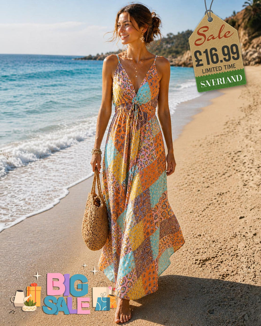 Woman wearing an orange patchwork multicolour maxi summer dress walking along a tropical beach, back view showing smocked bodice and flowing skirt