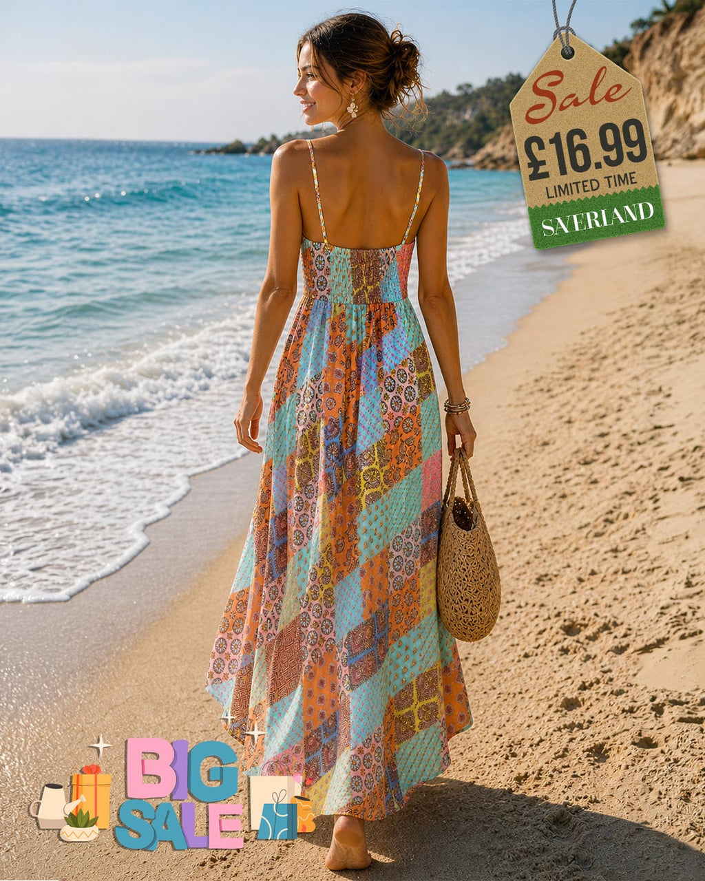 Woman wearing an orange patch multicolour maxi summer dress on a tropical beach