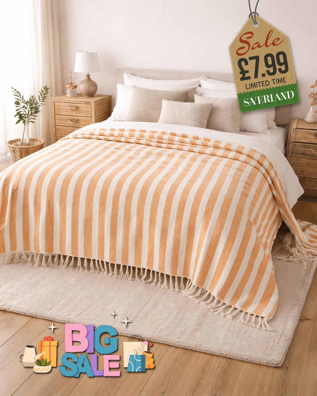 Orange and white striped throw blanket with tassel fringe draped over a bed in a bright bedroom