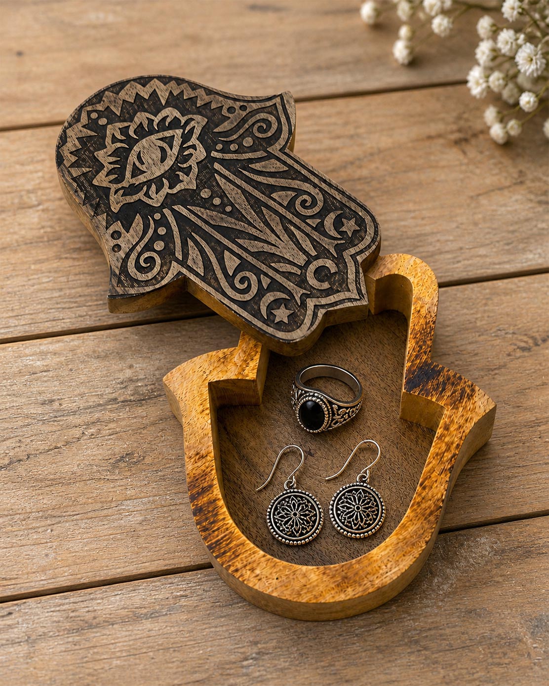 Hand-Carved Hamsa Wooden Box – Decorative Storage