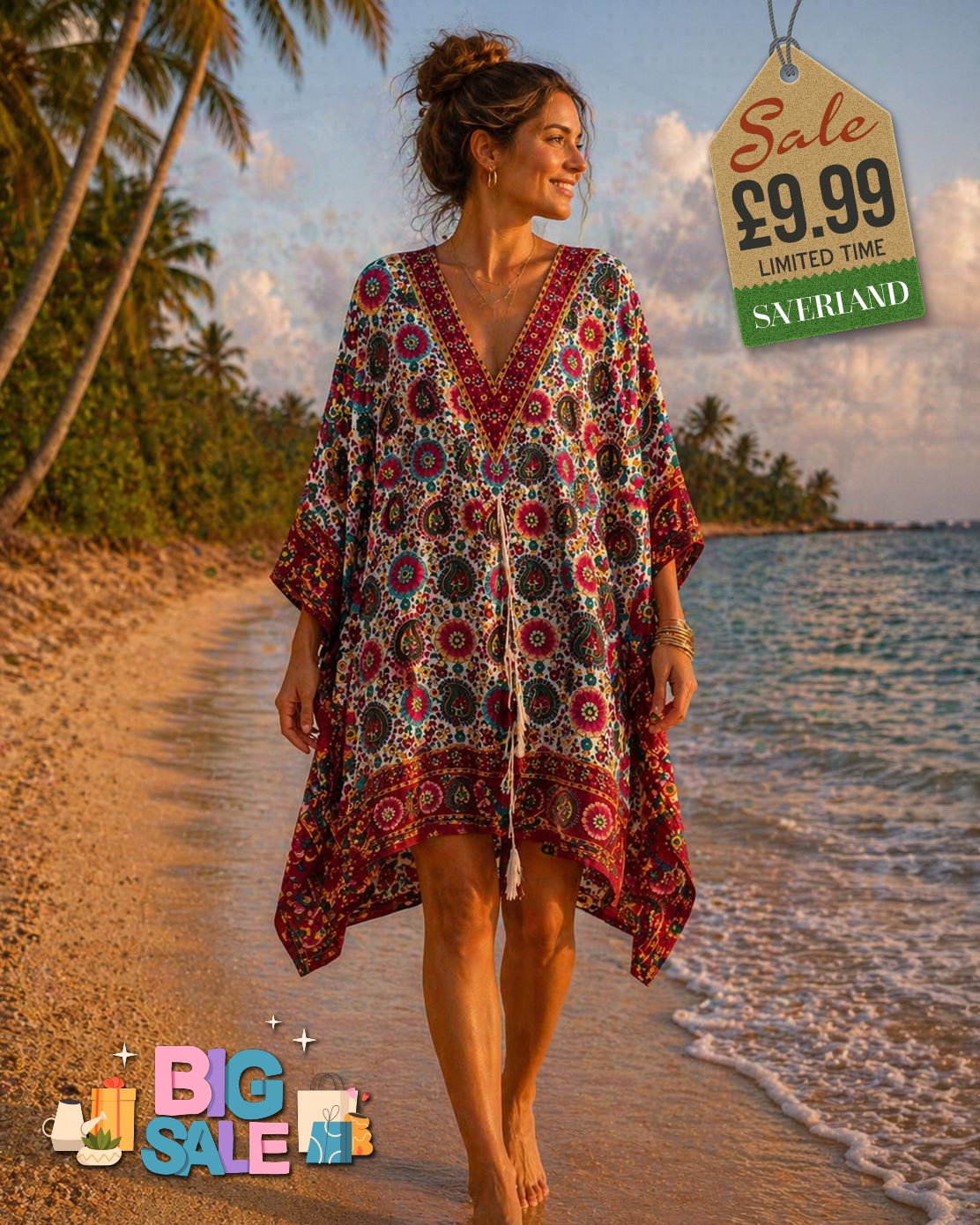 Woman wearing a vibrant boho paisley print kaftan beach cover-up in burgundy and teal walking on a tropical beach