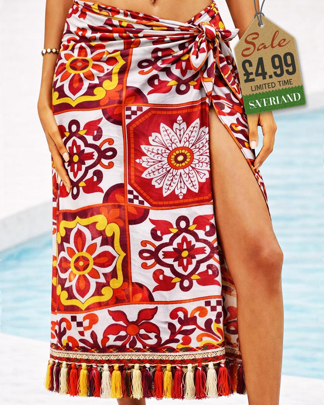 Red and white Sicilian tile patchwork beach sarong wrap with tassel fringe tied at the hip