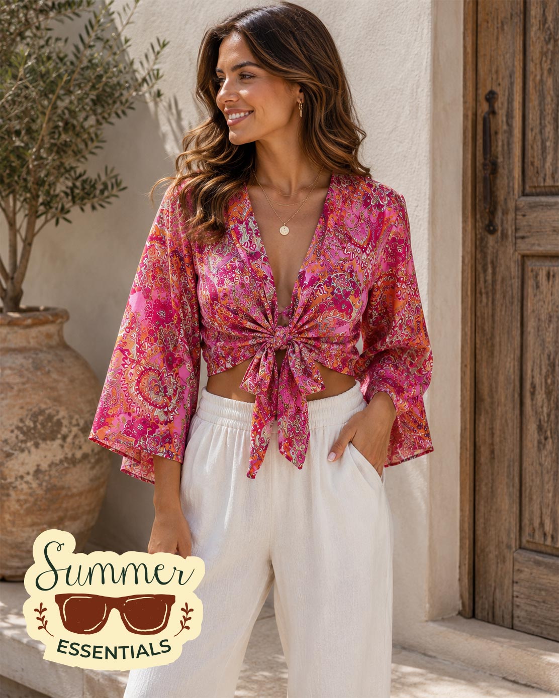 Paisley Tie Front Crop Top - Red