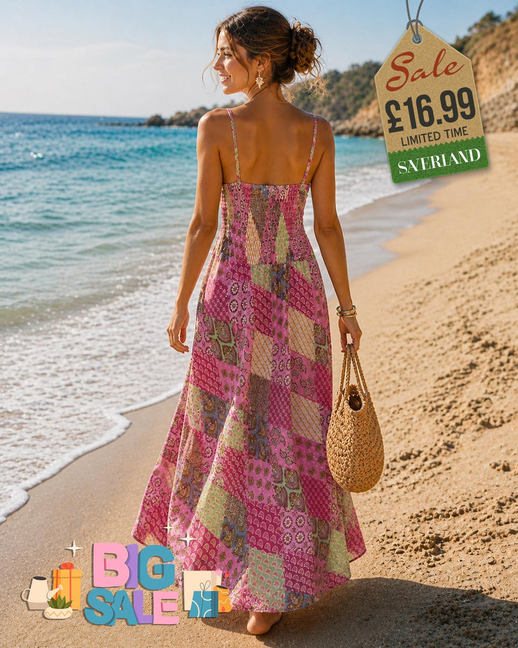 Woman walking on a beach wearing a pink patchwork multicolour maxi summer dress with spaghetti straps and smocked bodice