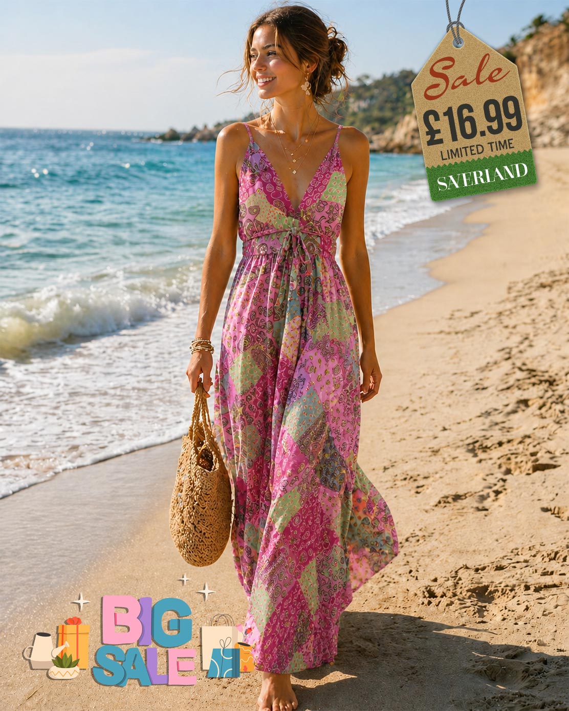Woman wearing a pink multicolour patchwork print maxi summer dress with spaghetti straps on a tropical beach