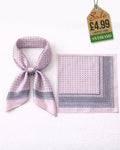 Blush pink cross stitch pattern satin scarf shown tied in neck scarf knot and flat square product view