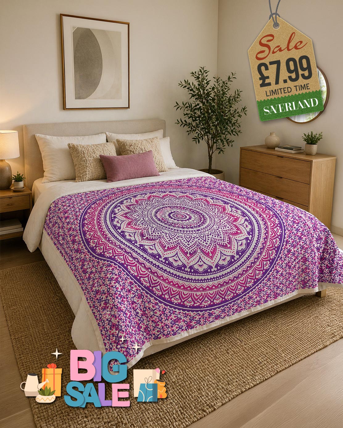 Purple and pink mandala boho bedspread throw draped over a double bed in a modern bedroom