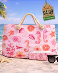 Pink beach tote and matching pouch set with watercolour sea creatures and shells