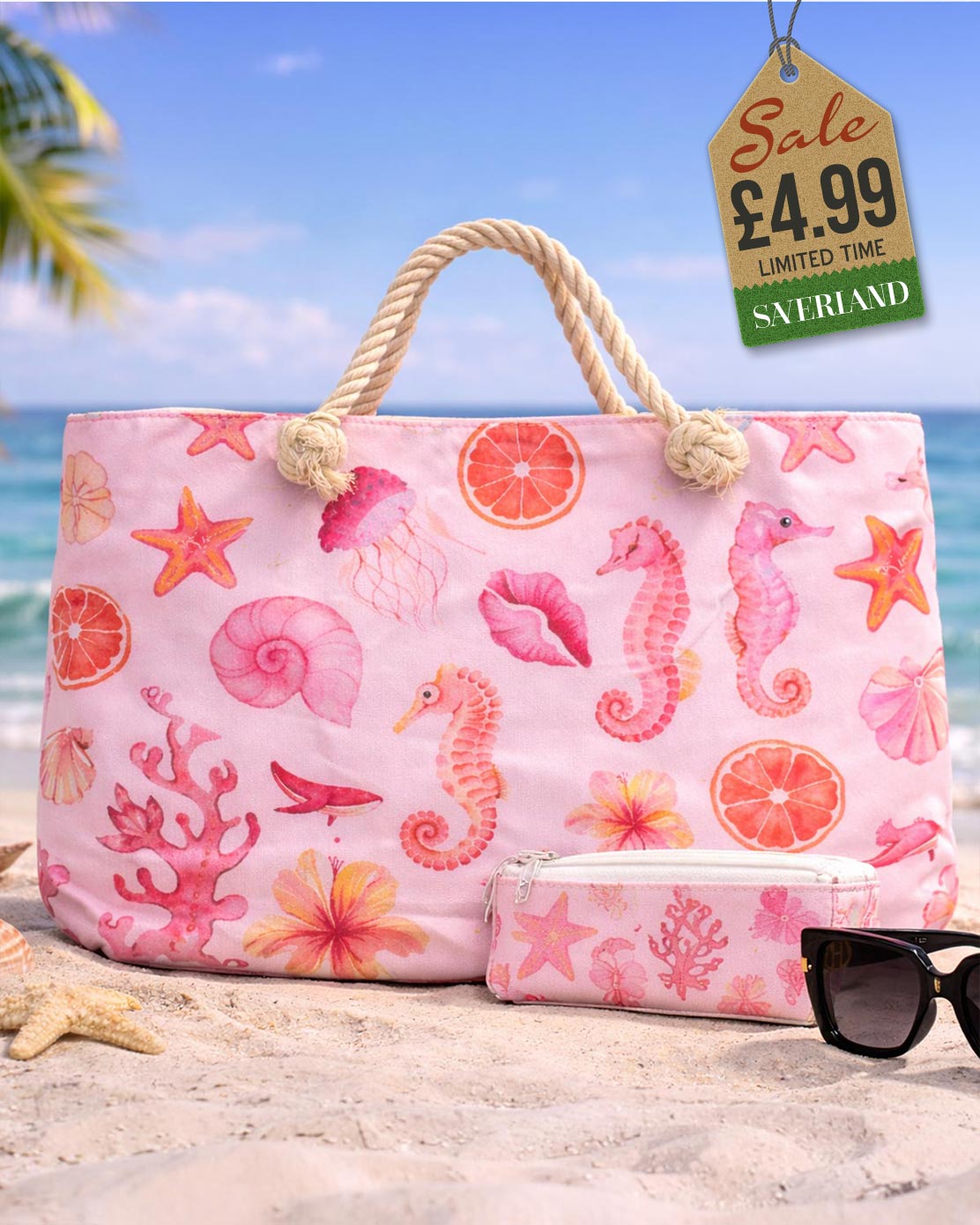 Pink beach tote and matching pouch set with watercolour sea creatures and shells