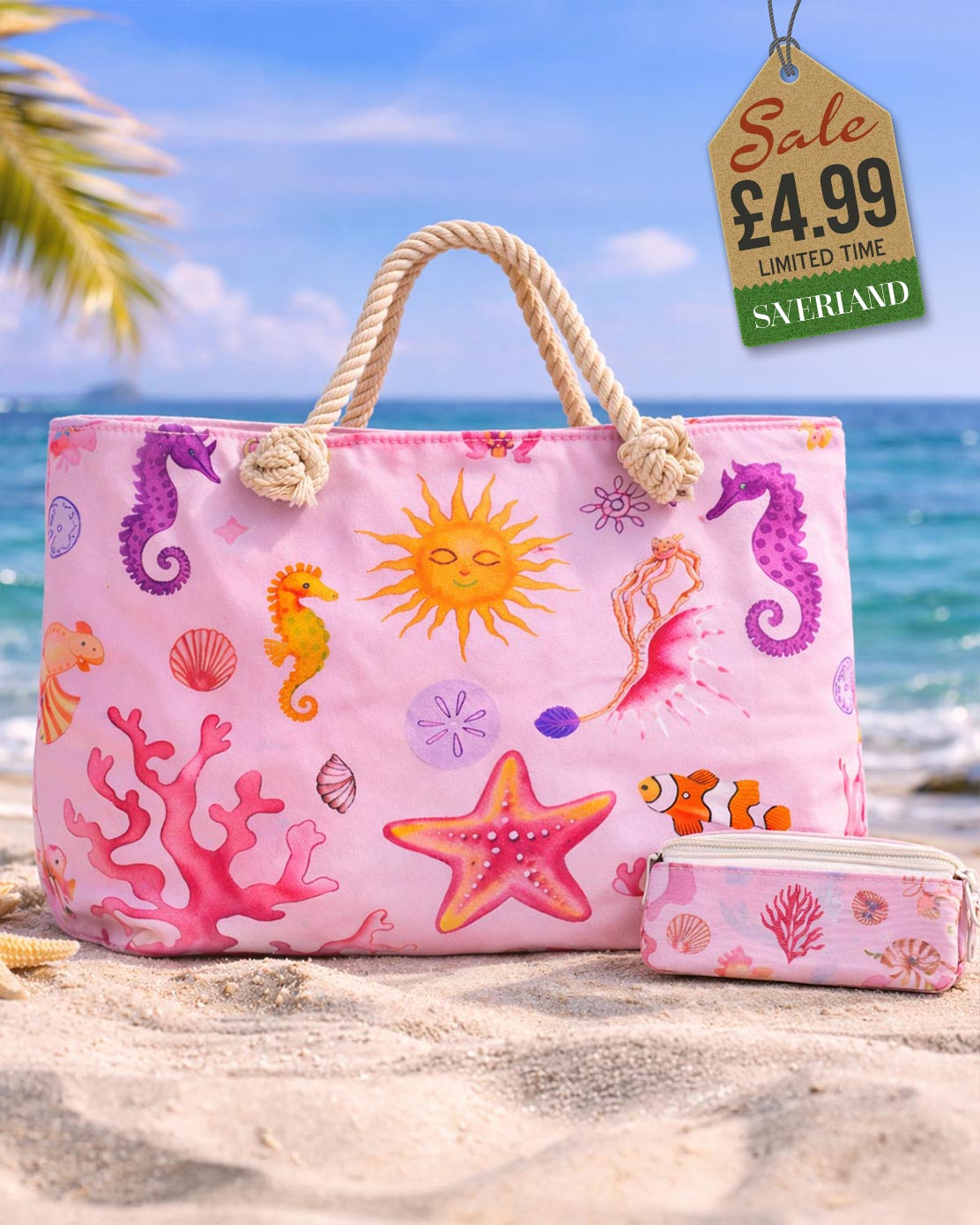 Pink beach tote and matching pouch set with sun, seahorses and sea creatures